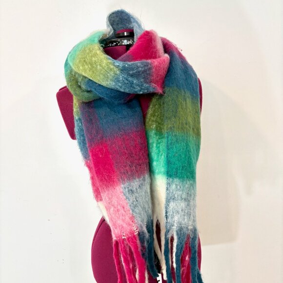 Ricki's Chunky Fringe Blue Pink Plaid Green Fluffy Oversized Scarf - Picture 2 of 7